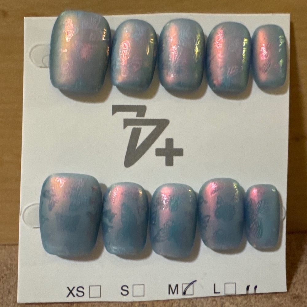 Iridescent Blue Chrome Butterfly Press On Nails Short Square Size Medium